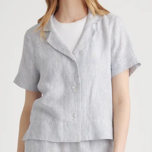 Quince 100% European Linen Short Sleeve Shirt - Navy Pinstripe - Picture 1 of 3